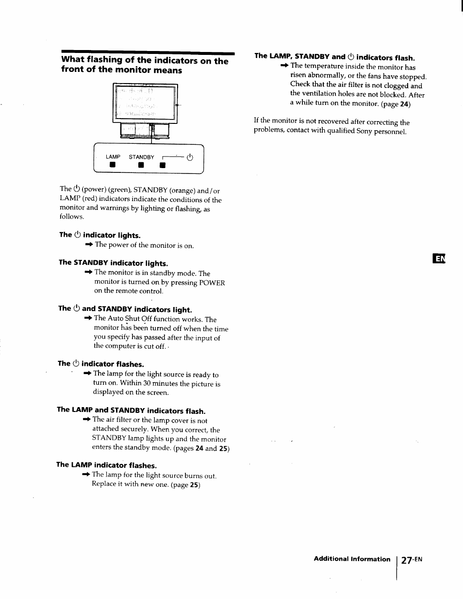 The lamp, standby and (!) indicators flash, The (!) indicator lights, The standby indicator lights | The (!) and standby indicators light, The (!) indicator flashes, The lamp and standby indicators flash, The lamp indicator flashes | Sony KL-W7000 User Manual | Page 27 / 96