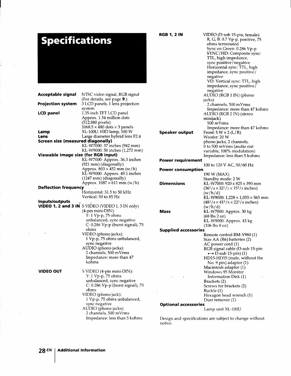Specifications | Sony KL-W7000 User Manual | Page 28 / 96