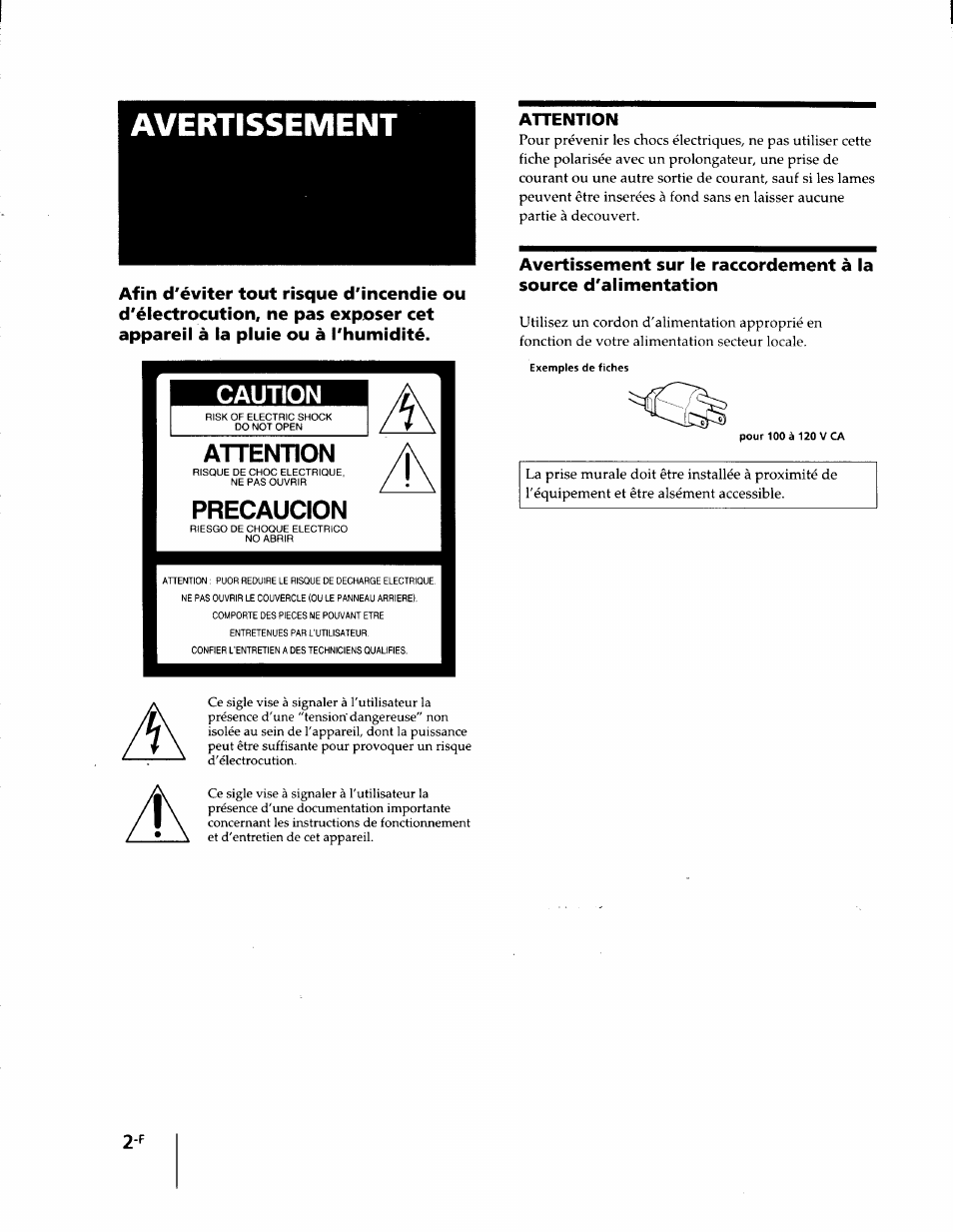 Attention, Avertissement, Caution | Precaucion | Sony KL-W7000 User Manual | Page 34 / 96