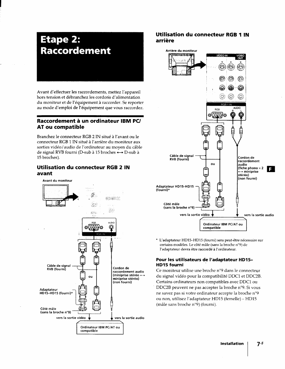 Etape 2: raccordement, Utilisation du connecteur rgb 2 in avant, Utilisation du connecteur rgb 1 in arrière | Sony KL-W7000 User Manual | Page 39 / 96