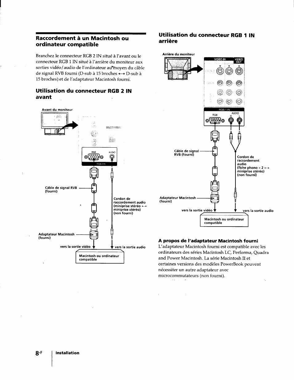 Utilisation du connecteur rgb 2 in avant, Utilisation du connecteur rgb 1 in arrière, A propos de l'adaptateur macintosh fourni | Sony KL-W7000 User Manual | Page 40 / 96