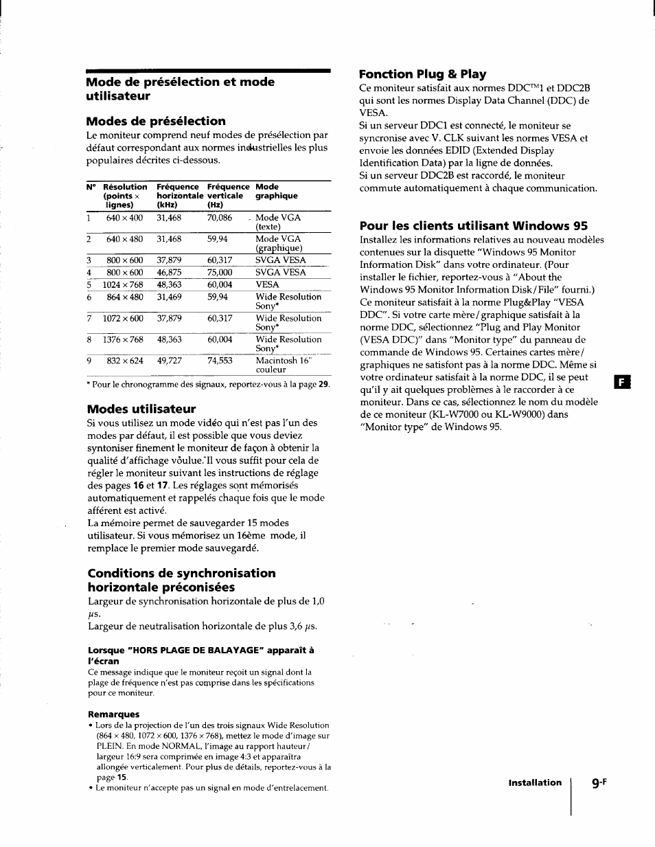 Mode de présélection et mode utilisateur, Modes de présélection, Modes utilisateur | Remarques, Fonction plug & play, Pour les clients utilisant windows 95 | Sony KL-W7000 User Manual | Page 41 / 96