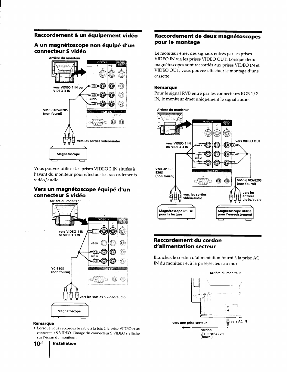 Raccordement à un équipement vidéo, Raccordement de deux magnétoscopes pour le montage, Remarque | Raccordement du cordon d'alimentation secteur | Sony KL-W7000 User Manual | Page 42 / 96