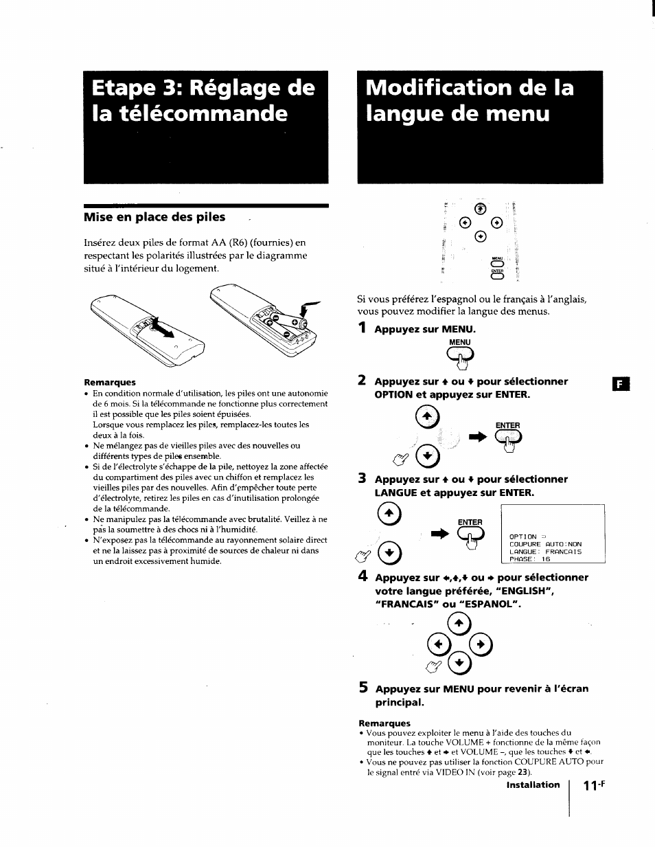 Etape 3: réglage de la télécommande, Modification de la langue de menu, Mise en place des piles | Remarques, Installation 11 | Sony KL-W7000 User Manual | Page 43 / 96