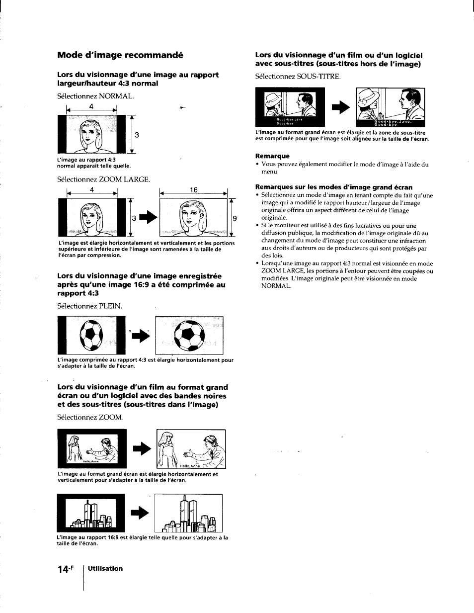 Mode d'image recommandé, Remarque, Remarques sur les modes d'image grand écran | Sony KL-W7000 User Manual | Page 46 / 96