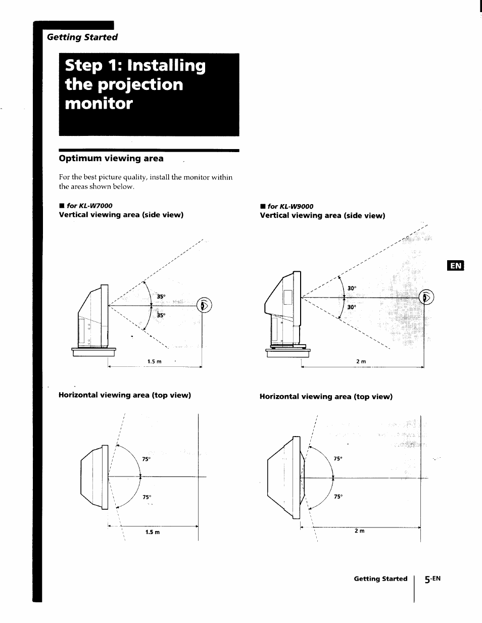 Step 1: installing the projection monitor, Optimum viewing area | Sony KL-W7000 User Manual | Page 5 / 96