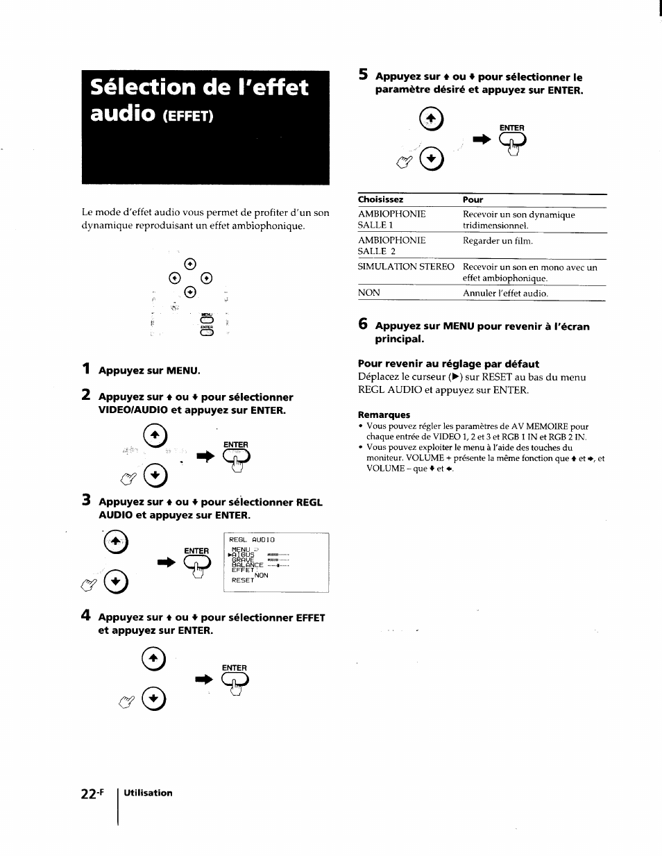 Sélection de l'effet, 1 appuyez sur menu, Pour revenir au réglage par défaut | Sony KL-W7000 User Manual | Page 54 / 96
