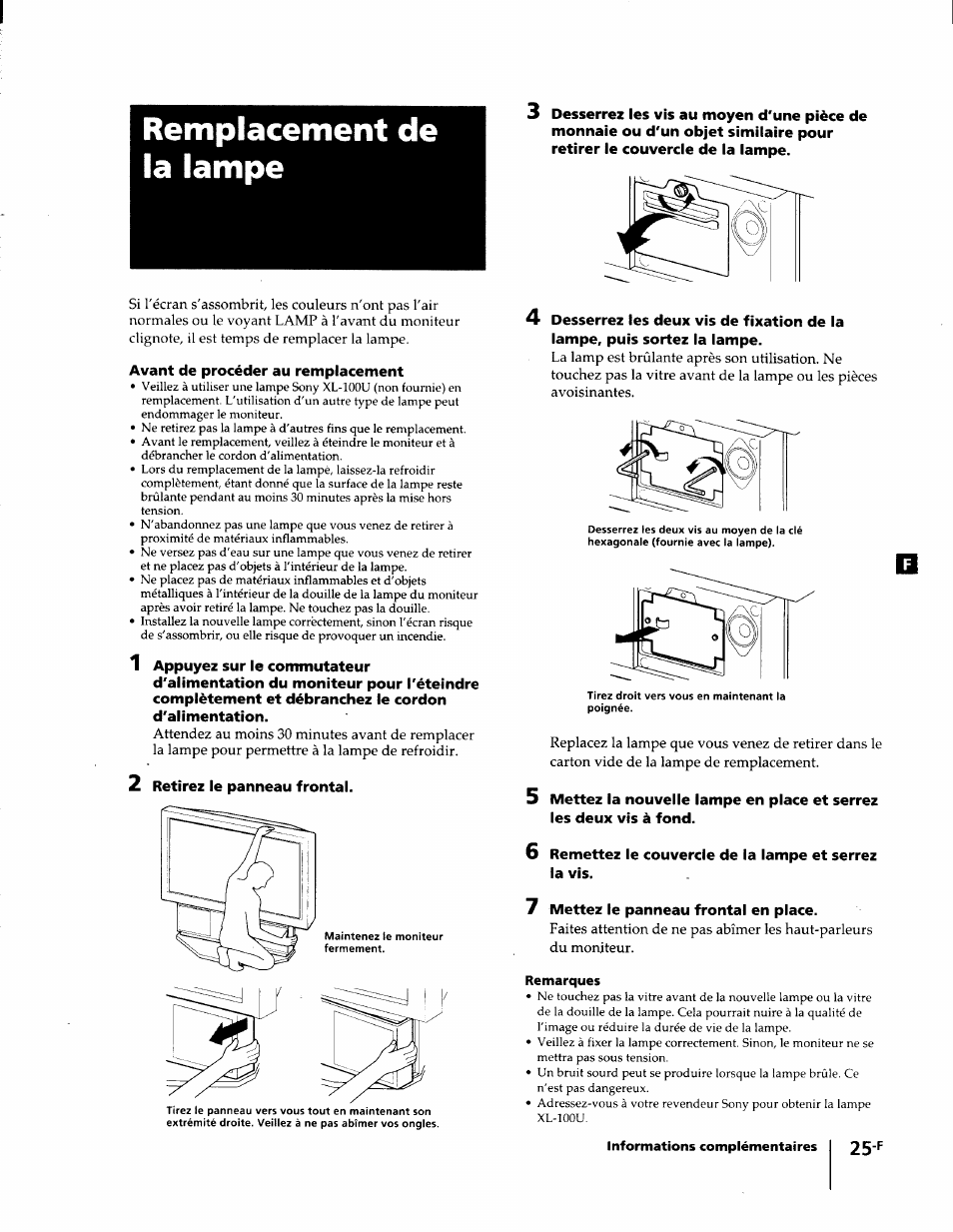 Remplacement de la lampe, Remarques | Sony KL-W7000 User Manual | Page 57 / 96
