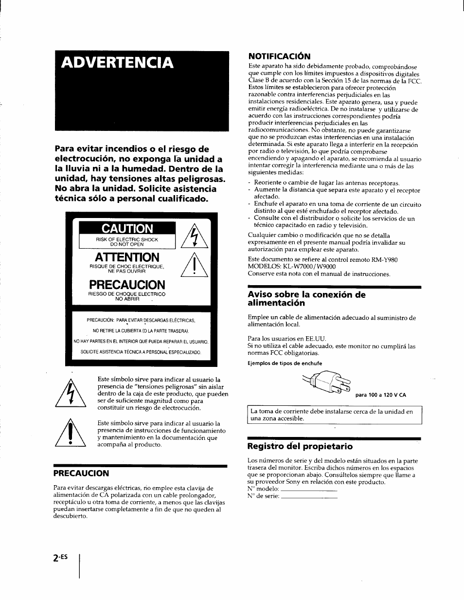 Advertencia, Caution, Attention | Precaucion, Notificación, Aviso sobre la conexión de alimentación, Registro del propietario | Sony KL-W7000 User Manual | Page 66 / 96