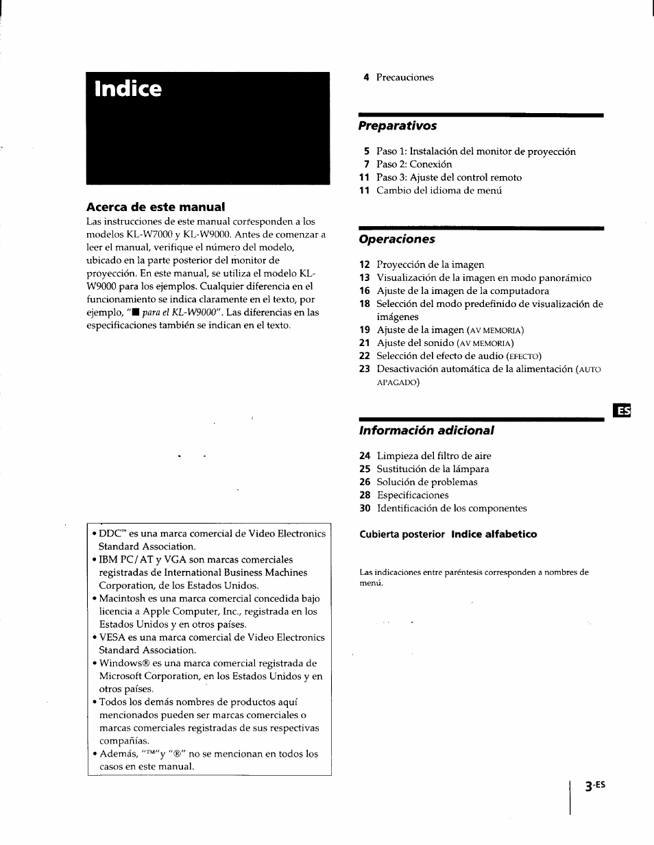 Acerca de este manual, Cubierta posterior indice alfabetico, Preparativos | Operaciones, Información adicional | Sony KL-W7000 User Manual | Page 67 / 96