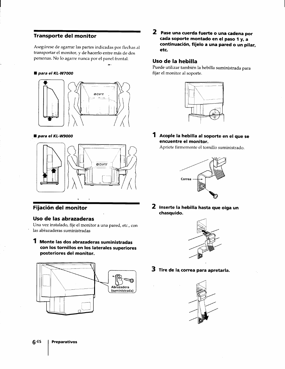 Transporte del monitor | Sony KL-W7000 User Manual | Page 70 / 96