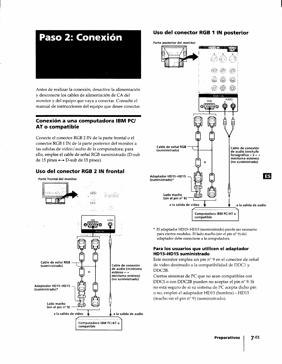Paso 2: conexión, Uso del conector rgb 1 in posterior, Conexión a una computadora ibm pc/ at o compatible | Uso del conector rgb 2 in frontal, Preparativos | Sony KL-W7000 User Manual | Page 71 / 96