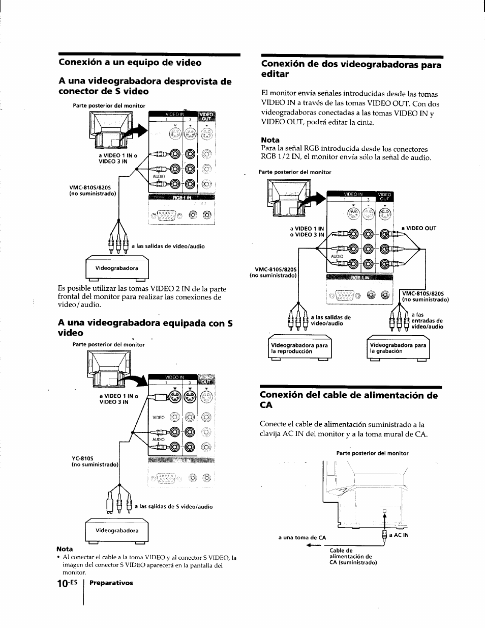 Conexión a un equipo de video, A una videograbadora equipada con s video, Conexión de dos videograbadoras para editar | Nota, Conexión del cable de alimentación de ca | Sony KL-W7000 User Manual | Page 74 / 96