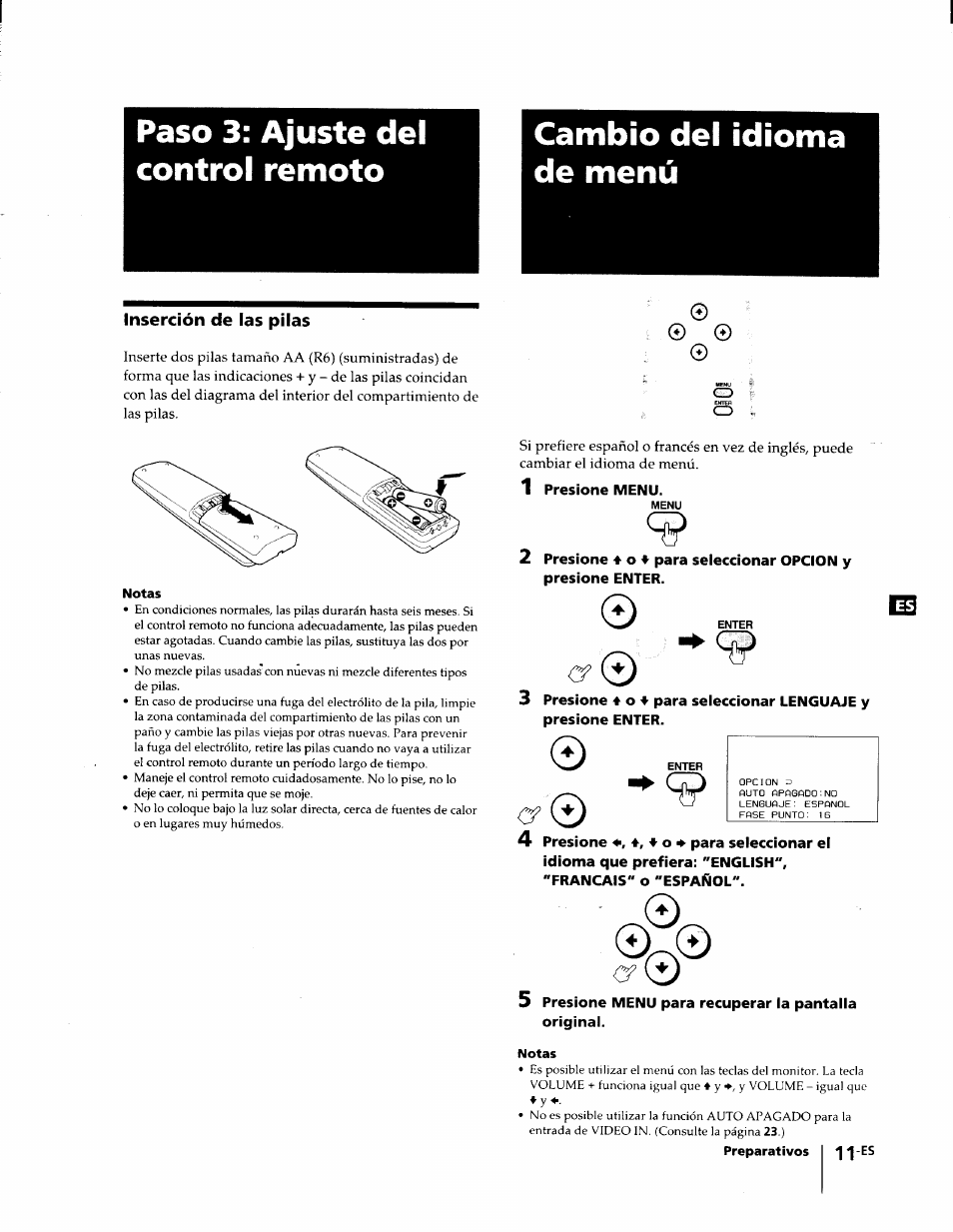 Paso 3: ajuste del control remoto, Cambio del idioma de menú, Inserción de las pilas | Notas, Preparativos 11‘es, O’ i*) | Sony KL-W7000 User Manual | Page 75 / 96