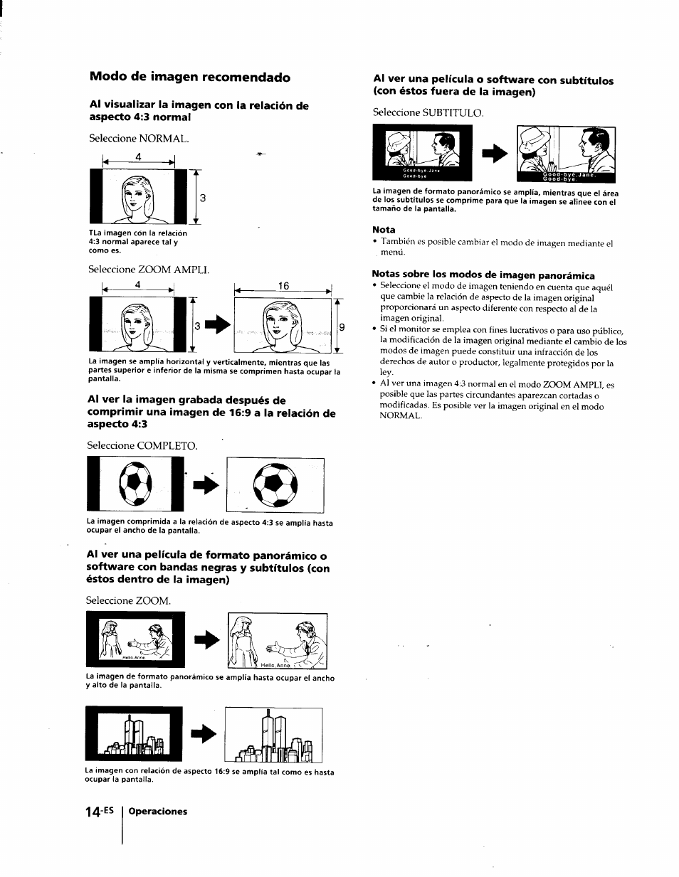 Modo de imagen recomendado, Nota, Notas sobre los modos de imagen panorámica | Sony KL-W7000 User Manual | Page 78 / 96