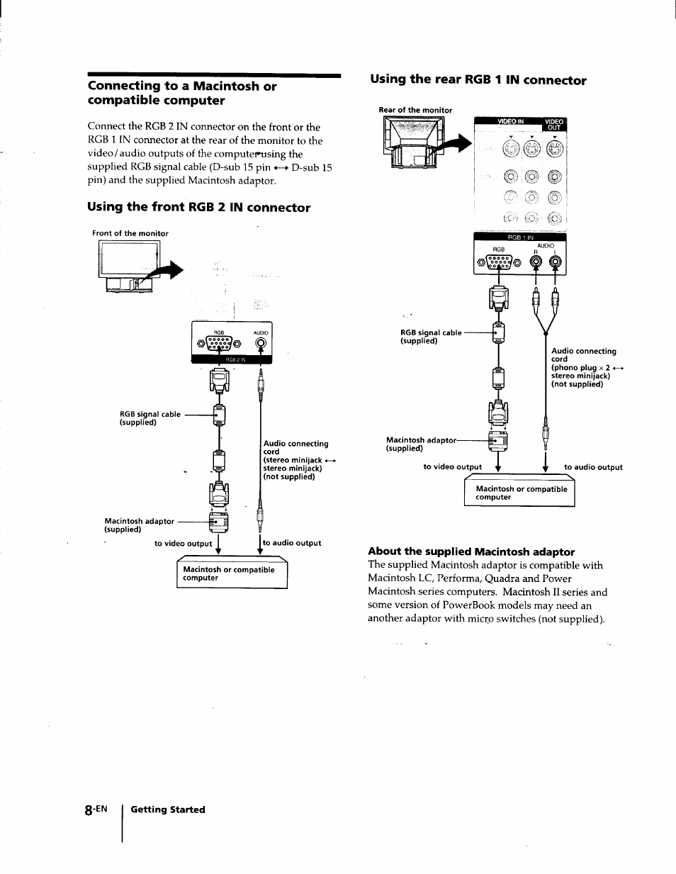 Connecting to a macintosh or compatible computer, Using the front rgb 2 in connector, Using the rear rgb 1 in connector | About the supplied macintosh adaptor | Sony KL-W7000 User Manual | Page 8 / 96