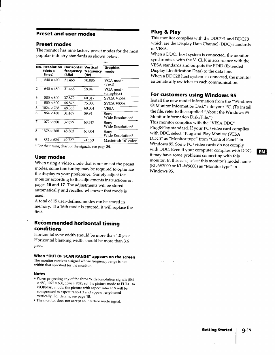 Preset and user modes preset modes, User modes, Plug & play | For customers using windows 95, Recommended horizontal timing conditions, When "out of scan range" appears on the screen, Notes | Sony KL-W7000 User Manual | Page 9 / 96