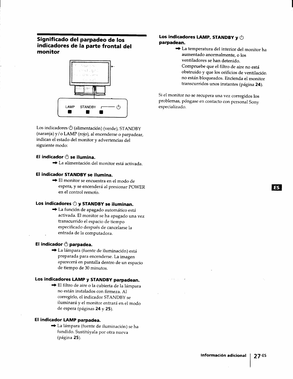 Los indicadores lamp, standby y ó parpadean, El indicador (!) se ilumina, El indicador standby se ilumina | Los indicadores ó y standby se iluminan, El indicador (!) parpadea, Los indicadores lamp y standby parpadean, El indicador lamp parpadea | Sony KL-W7000 User Manual | Page 91 / 96