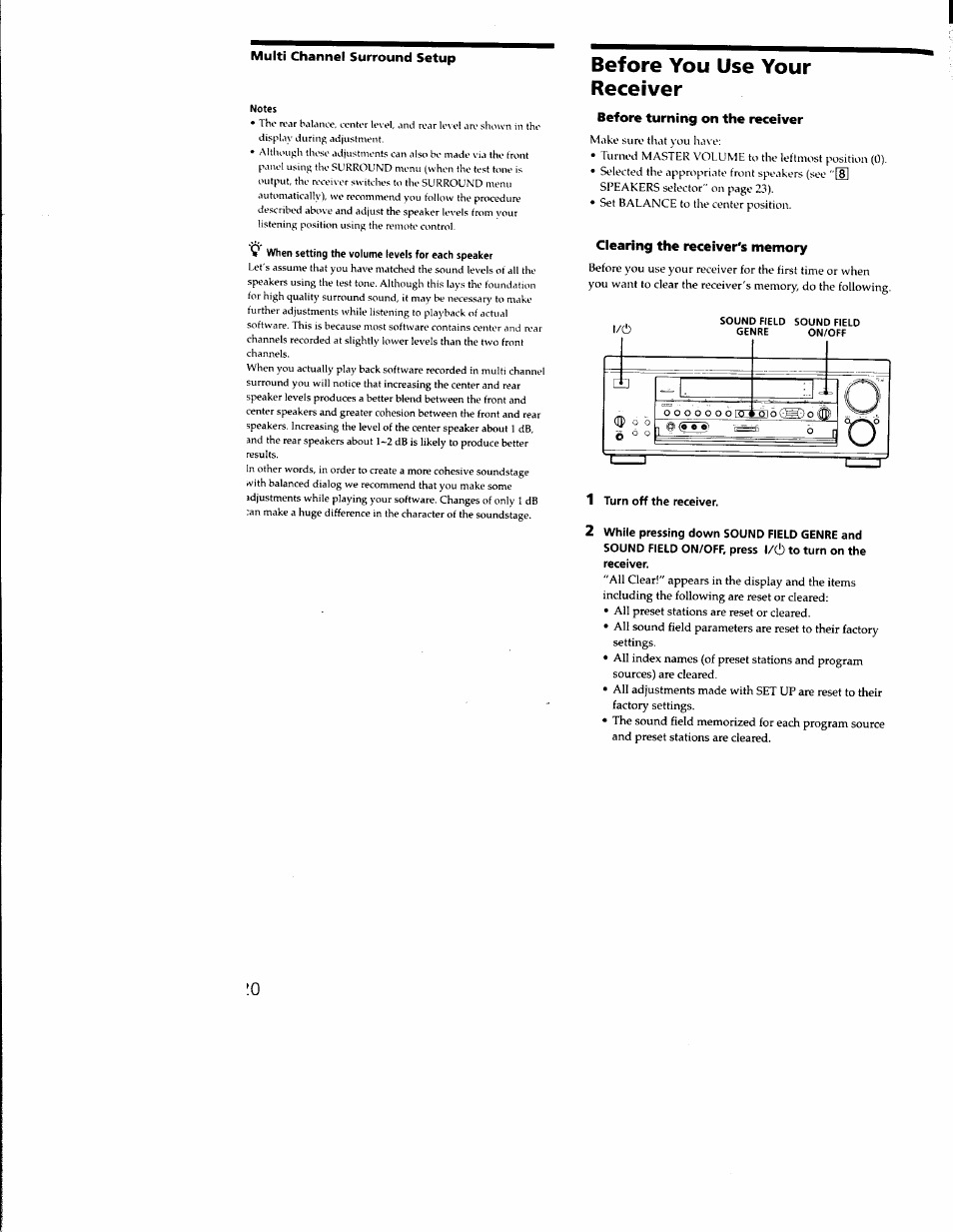 Before turning on the receiver, Ciearing the receiver's memory, While pressing down sound field genre and | Before you use your receiver | Sony STR-DA333ES User Manual | Page 20 / 52