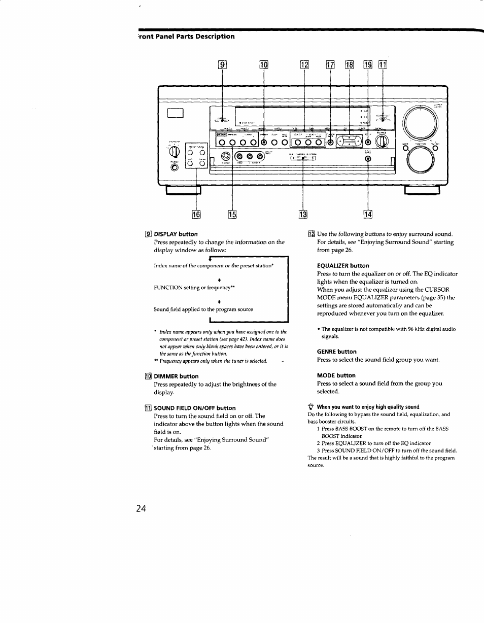 Tont panel parts description, J display button, E3 dimmer button | Ini sound field on/off button, Equalizer button, Genre button, Mode button | Sony STR-DA333ES User Manual | Page 24 / 52