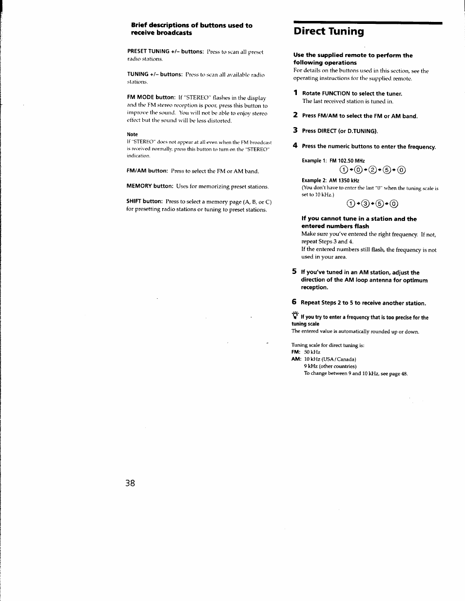 1 rotate function to select the tuner, 2 press fm/am to select the fm or am band, 3 press direct (or d.tuning) | 4 press the numeric buttons to enter the frequency, 6 repeat steps 2 to 5 to receive another station, Direct tuning | Sony STR-DA333ES User Manual | Page 38 / 52