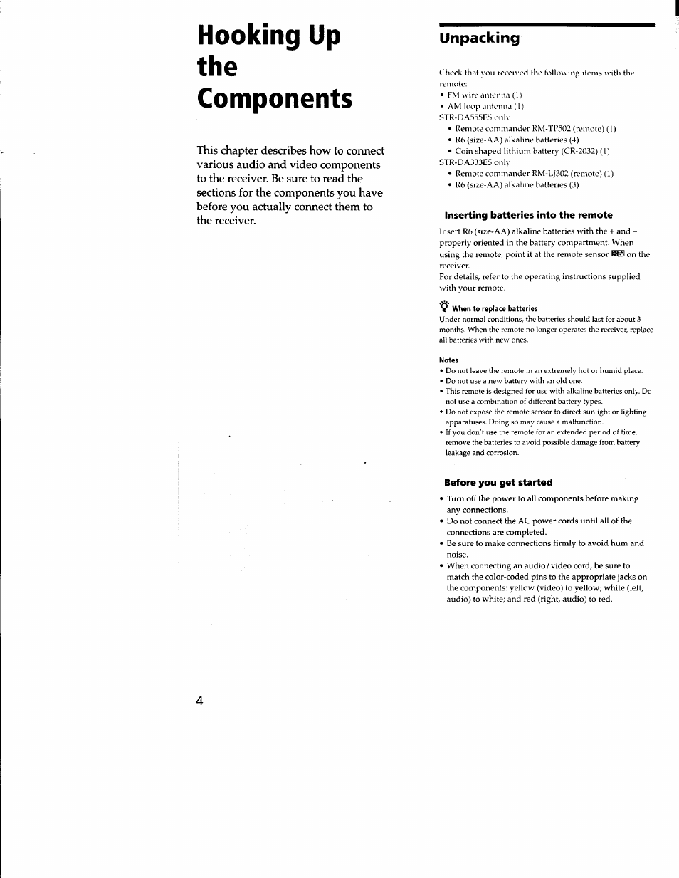 Inserting batteries into the remote, Before you get started, Hooking up the components | Unpacking | Sony STR-DA333ES User Manual | Page 4 / 52