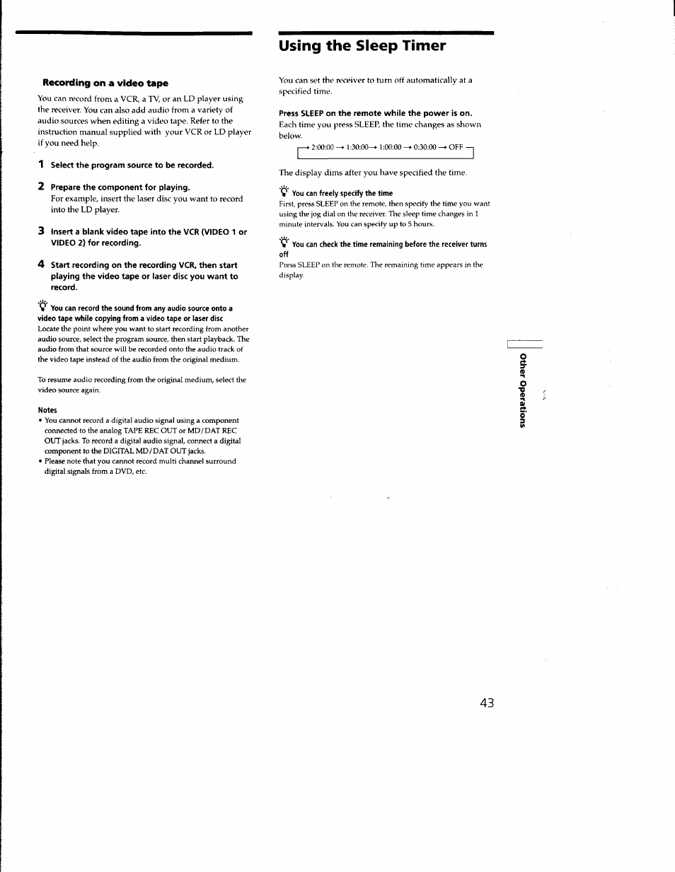 Recording on a video tape, 1 select the program source to be recorded, 2 prepare the component for playing | Press sleep on the remote while the power is on, Using the sleep timer | Sony STR-DA333ES User Manual | Page 43 / 52