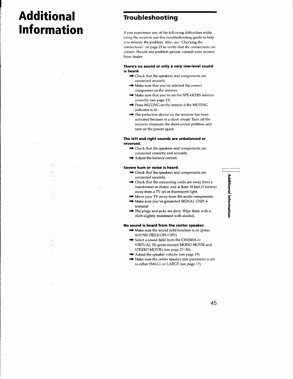 Severe hum or noise is heard, No sound is heard from the center speaker, Additional information | Troubleshooting | Sony STR-DA333ES User Manual | Page 45 / 52