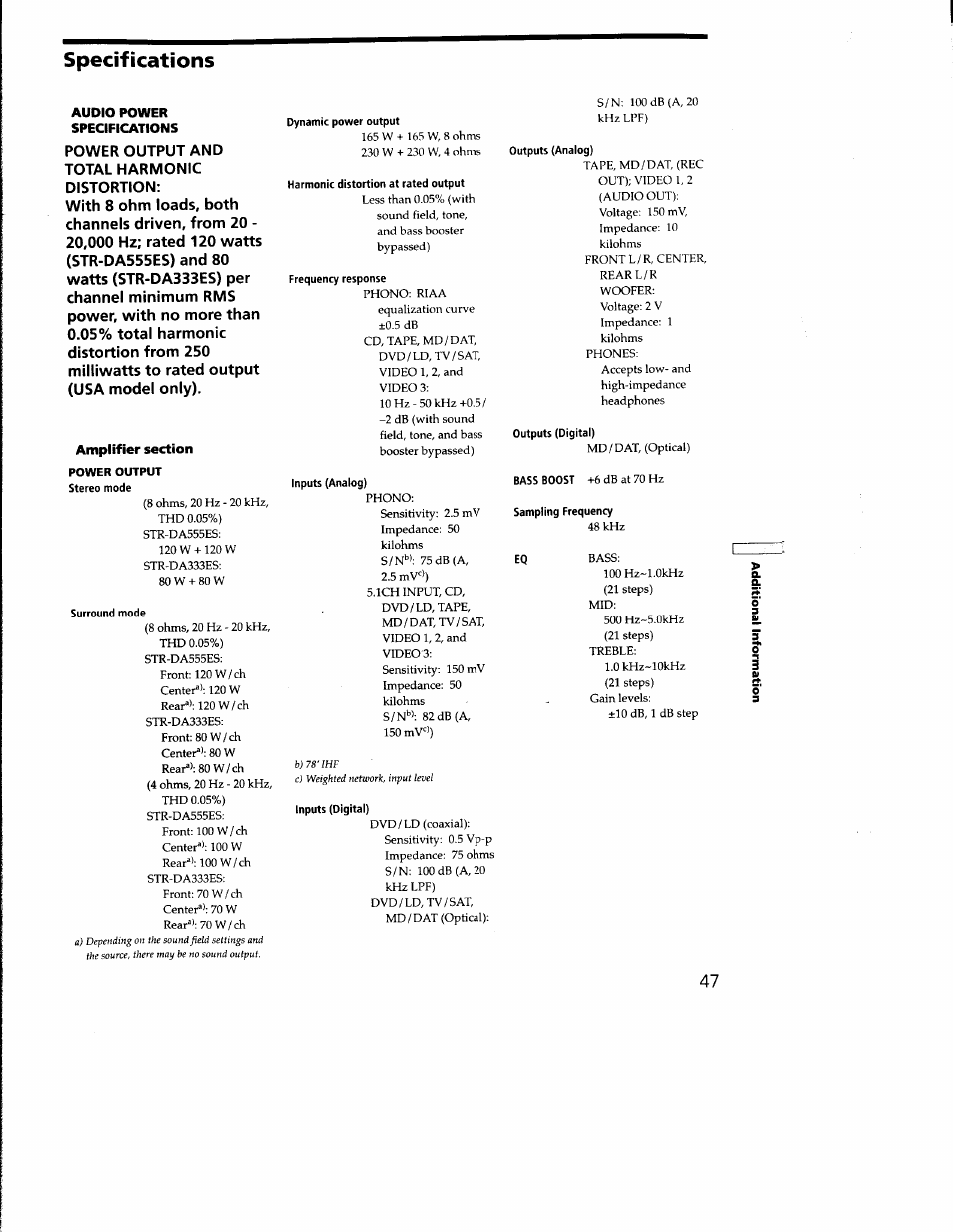 Specifications, Power output and total harmonic, Distortion | With 8 ohm loads, both, Watts (str-da333es) per, Channel minimum rms, Power, with no more than, 05% total harmonic, Distortion from 250, Milliwatts to rated output | Sony STR-DA333ES User Manual | Page 47 / 52