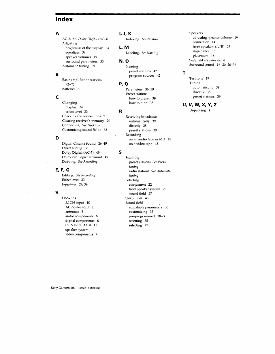 Index, E, f, g, L. m | N, o, P. q, U. v. w. x. y. z | Sony STR-DA333ES User Manual | Page 52 / 52