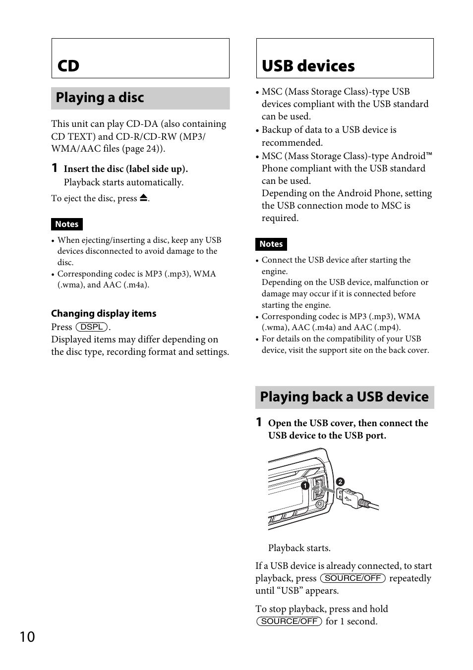 Playing a disc, Usb devices, Playing back a usb device | Sony CDX-GT570UP User Manual | Page 10 / 100