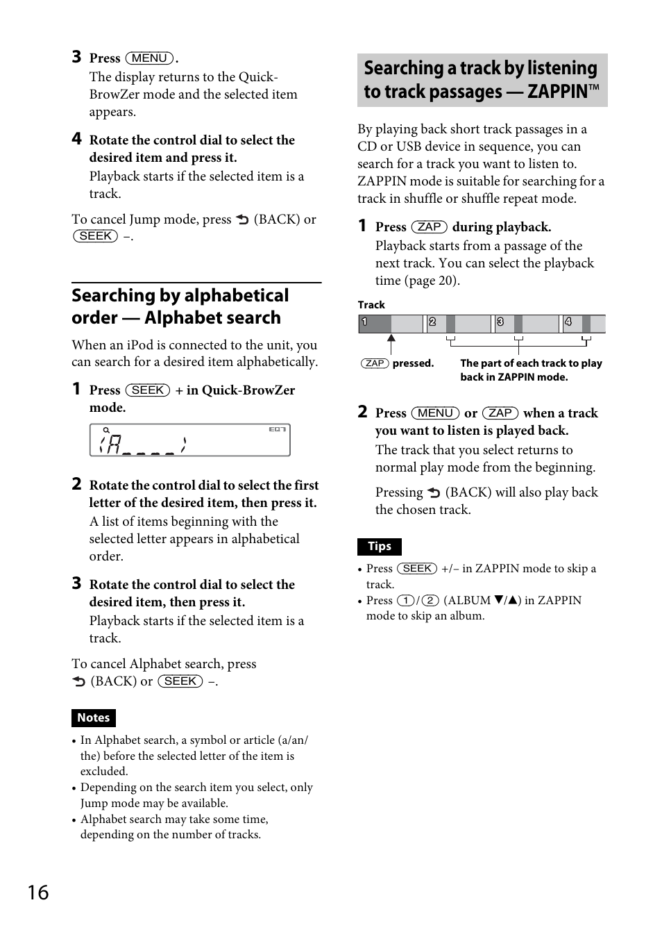 Searching by alphabetical order — alphabet search | Sony CDX-GT570UP User Manual | Page 16 / 100