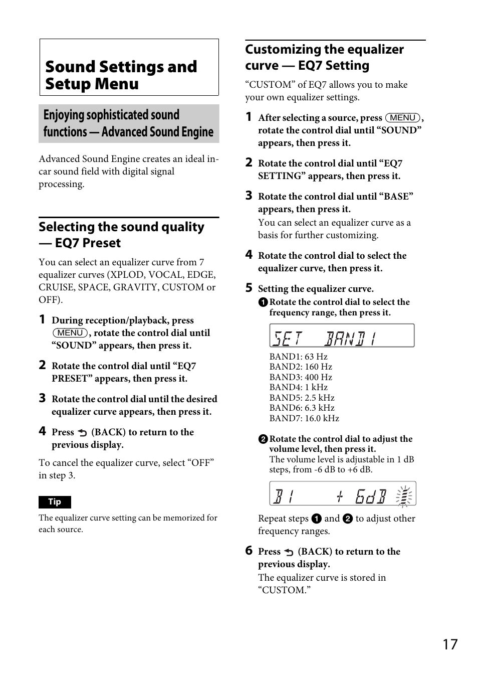 Sound settings and setup menu, Selecting the sound quality — eq7 preset, Customizing the equalizer curve — eq7 setting | Sony CDX-GT570UP User Manual | Page 17 / 100