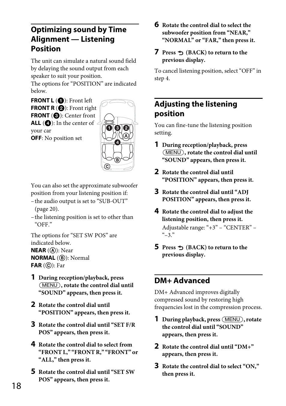 Adjusting the listening position, Dm+ advanced | Sony CDX-GT570UP User Manual | Page 18 / 100
