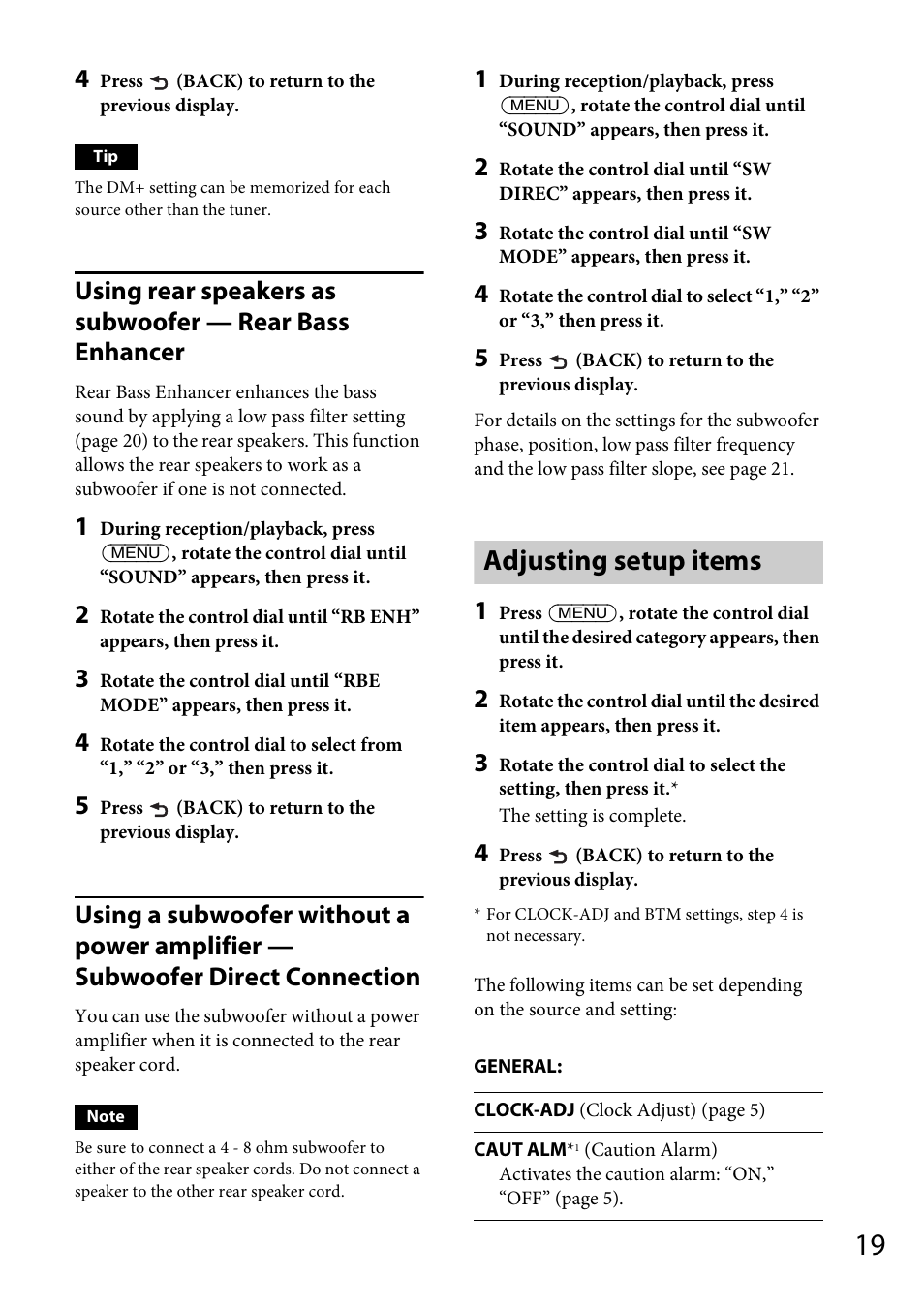 Adjusting setup items | Sony CDX-GT570UP User Manual | Page 19 / 100