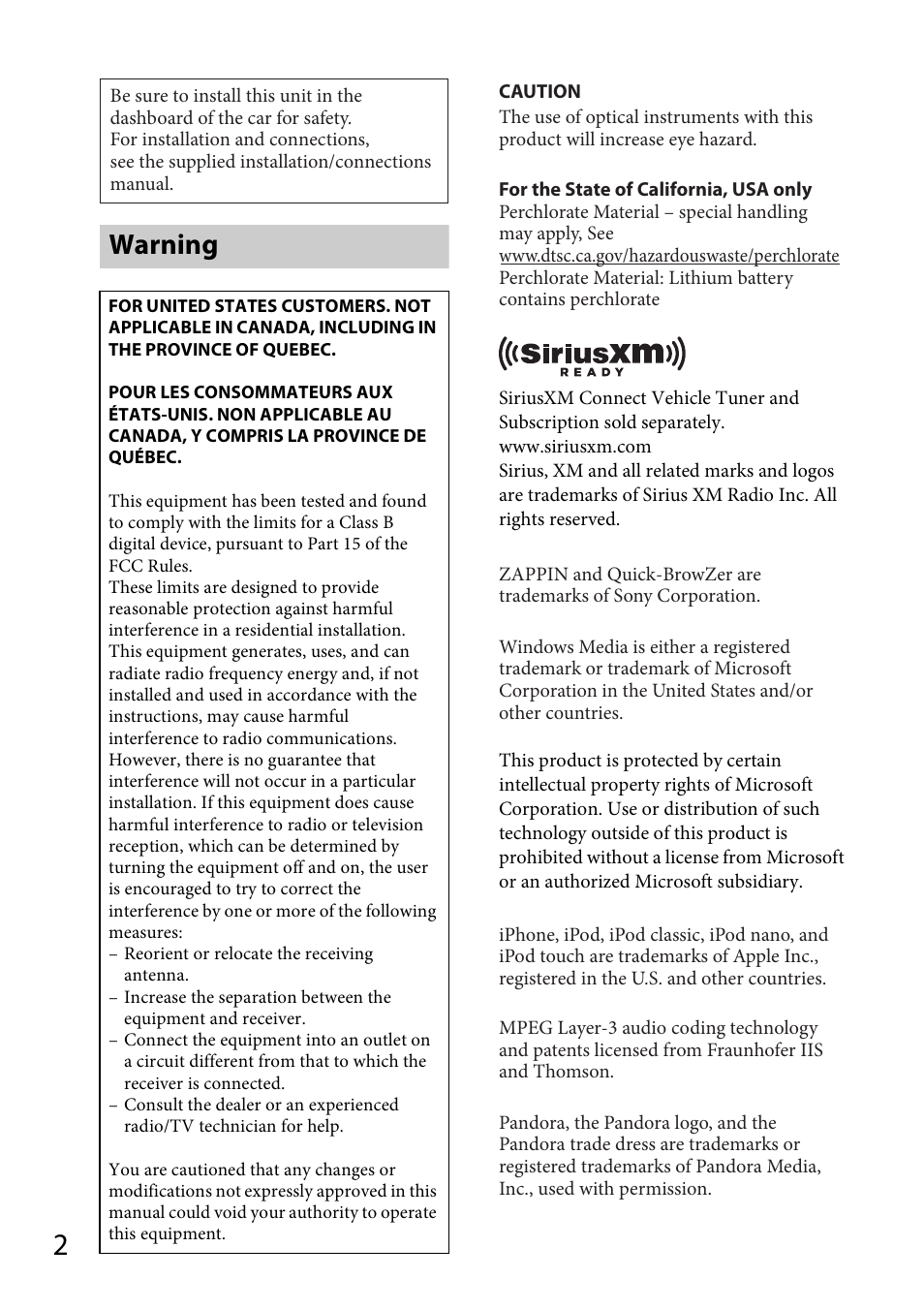 Warning | Sony CDX-GT570UP User Manual | Page 2 / 100