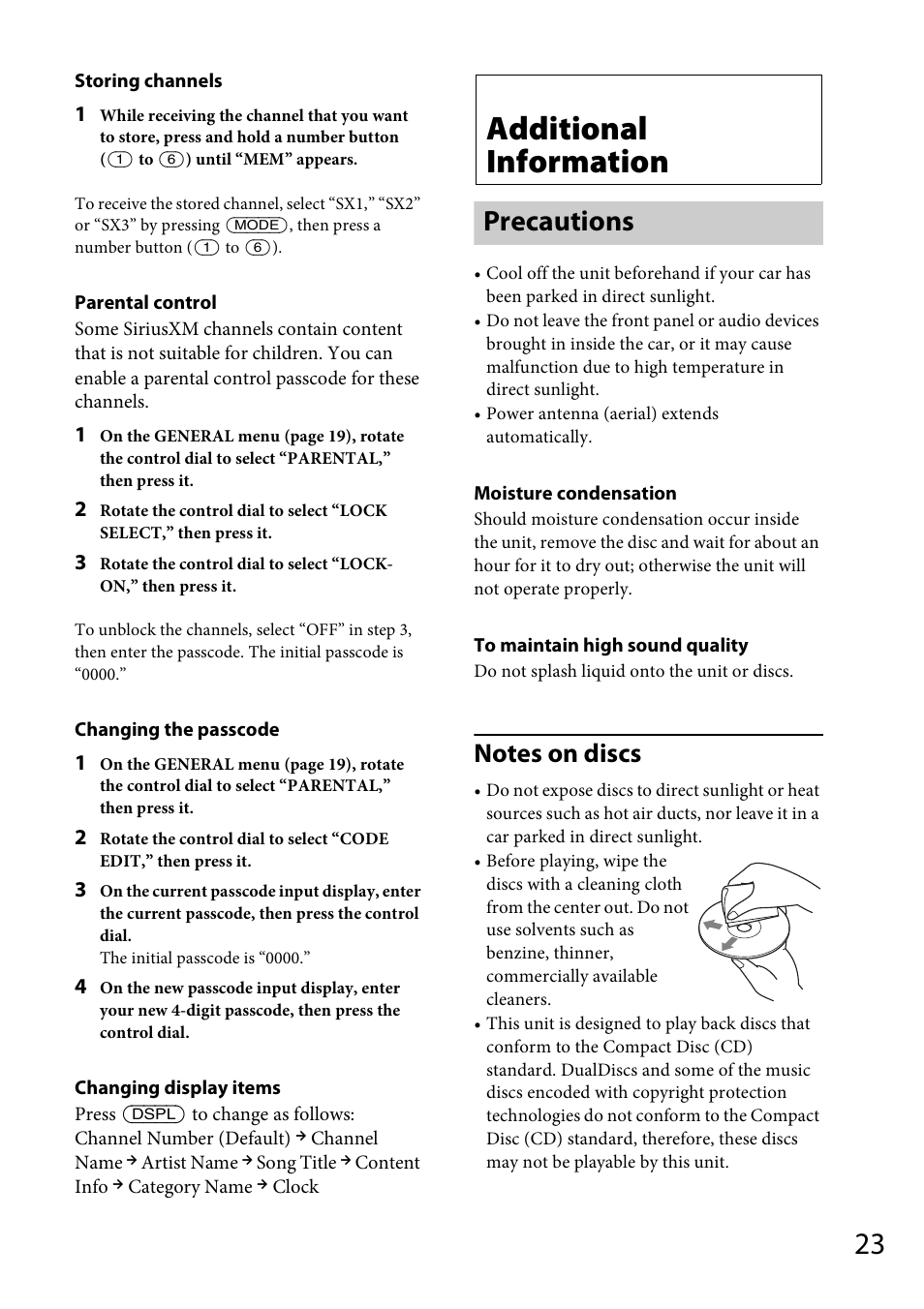 Additional information, Precautions | Sony CDX-GT570UP User Manual | Page 23 / 100