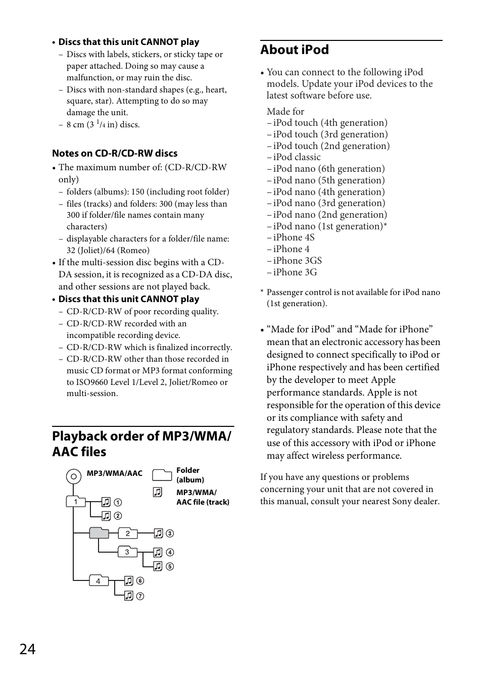 Playback order of mp3/wma/ aac files about ipod | Sony CDX-GT570UP User Manual | Page 24 / 100