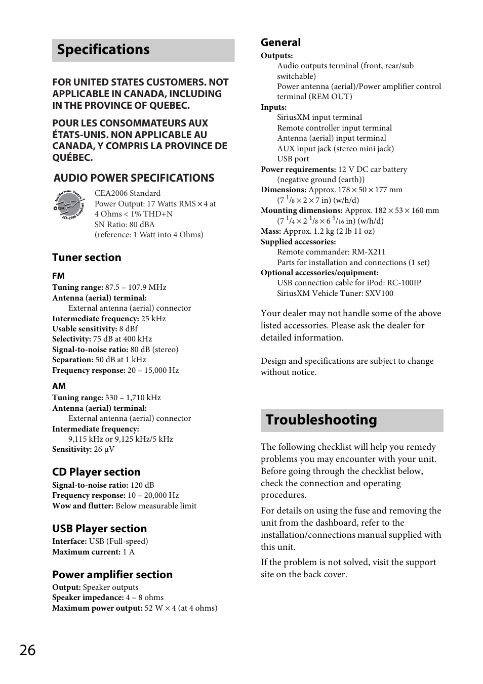Specifications, Troubleshooting, Specifications troubleshooting | General, Audio power specifications | Sony CDX-GT570UP User Manual | Page 26 / 100