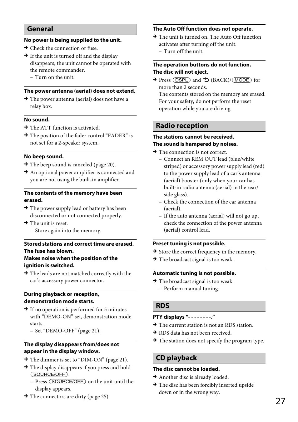 General, Radio reception, Cd playback | Sony CDX-GT570UP User Manual | Page 27 / 100