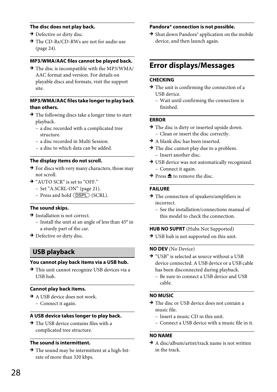Error displays/messages, Usb playback | Sony CDX-GT570UP User Manual | Page 28 / 100