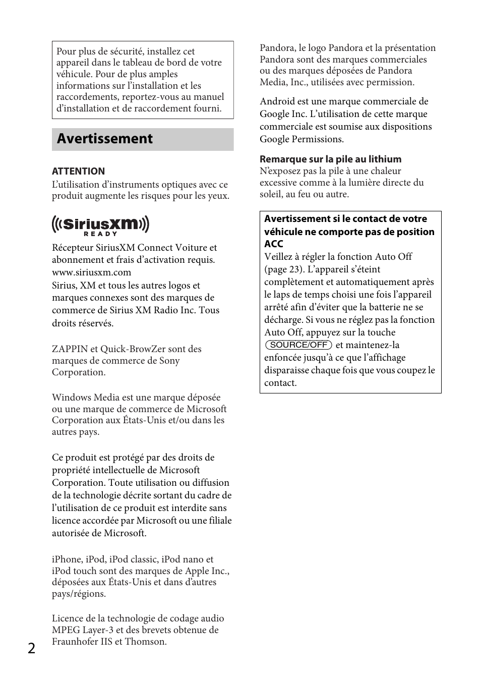 Avertissement | Sony CDX-GT570UP User Manual | Page 32 / 100
