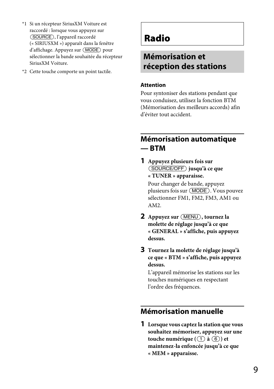 Radio, Mémorisation et réception des stations, Mémorisation automatique — btm 1 | Mémorisation manuelle 1 | Sony CDX-GT570UP User Manual | Page 39 / 100
