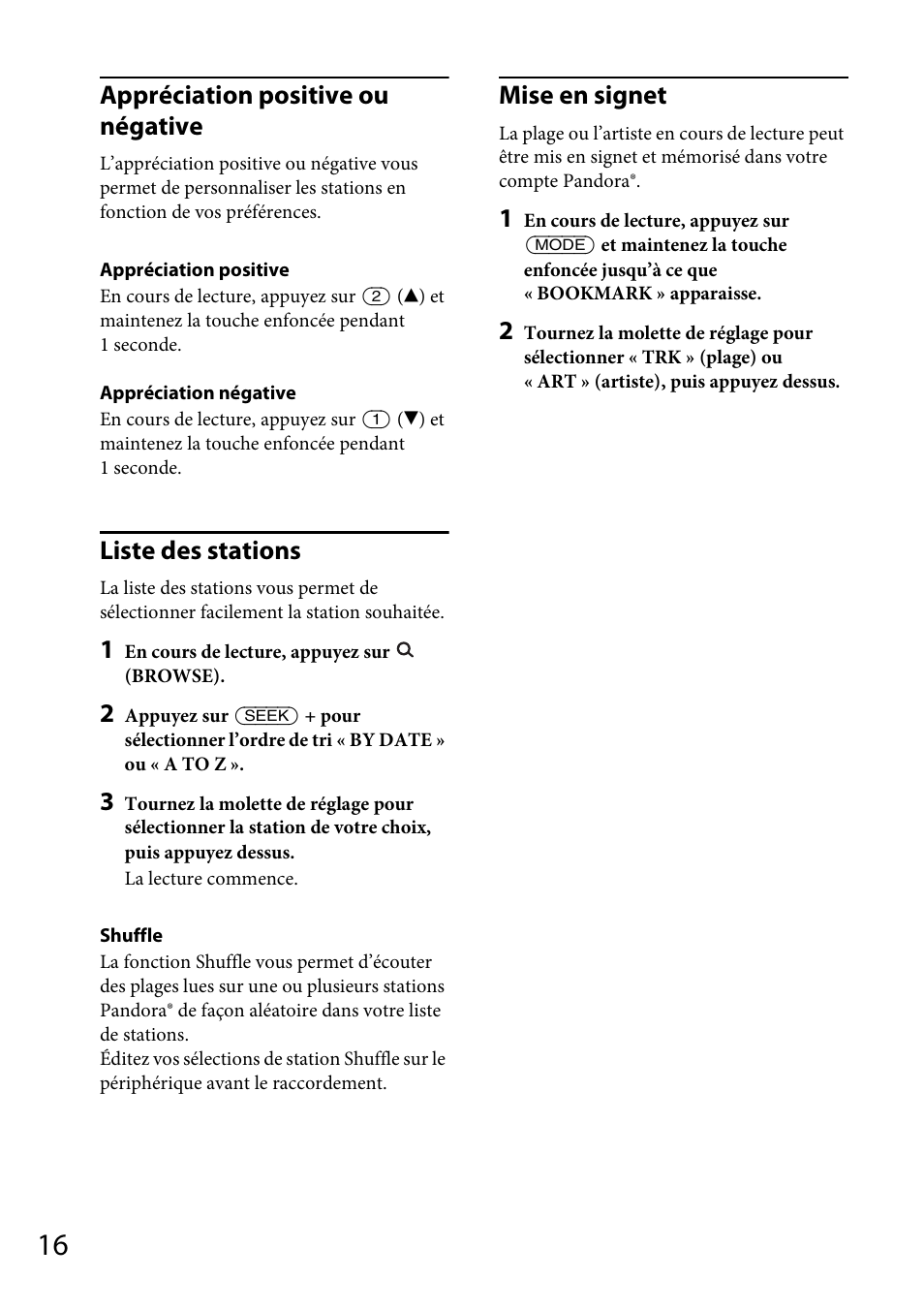 Appréciation positive ou négative, Liste des stations, Mise en signet | Sony CDX-GT570UP User Manual | Page 46 / 100
