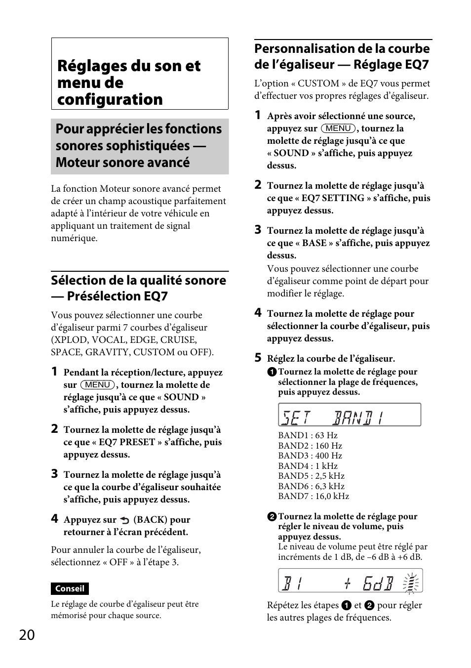 Réglages du son et menu de configuration, Sélection de la qualité sonore — présélection eq7 | Sony CDX-GT570UP User Manual | Page 50 / 100