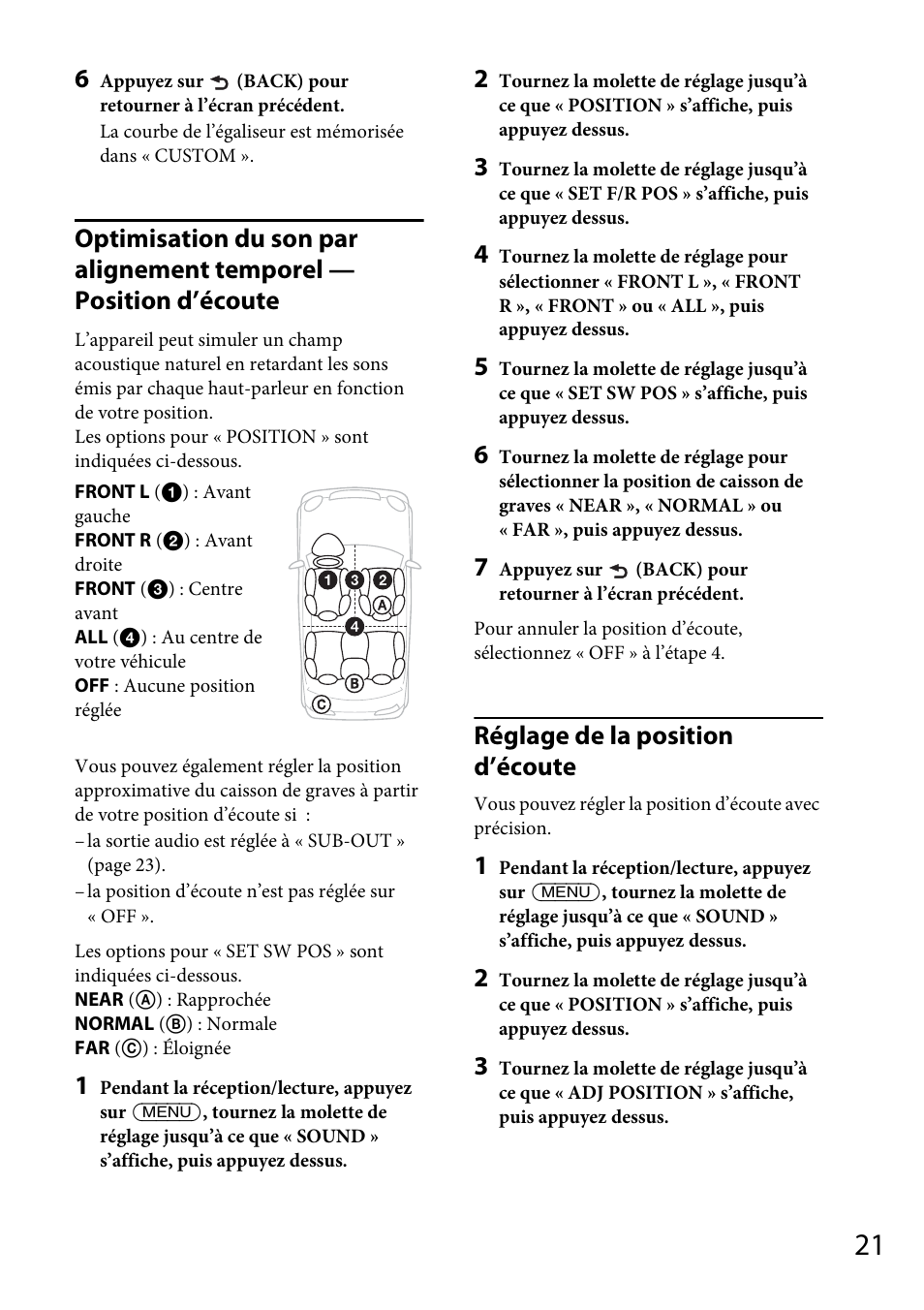Réglage de la position d’écoute | Sony CDX-GT570UP User Manual | Page 51 / 100