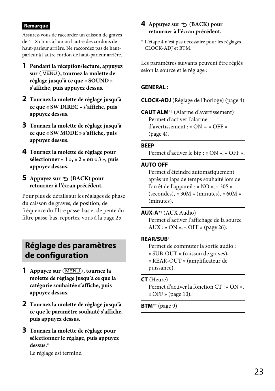Réglage des paramètres de configuration | Sony CDX-GT570UP User Manual | Page 53 / 100