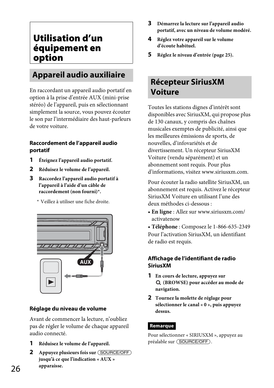 Utilisation d’un équipement en option, Appareil audio auxiliaire, Récepteur siriusxm voiture | Sony CDX-GT570UP User Manual | Page 56 / 100