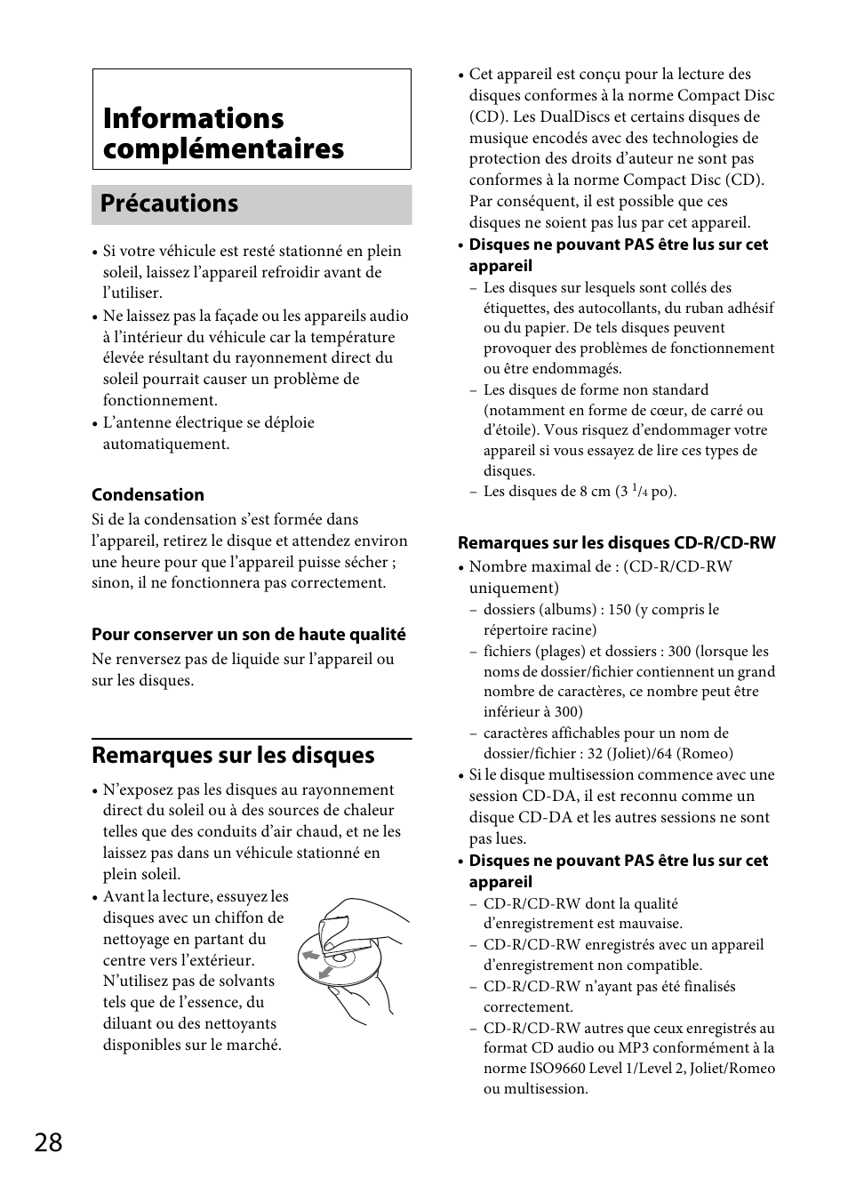 Informations complémentaires, Précautions, Remarques sur les disques | Sony CDX-GT570UP User Manual | Page 58 / 100