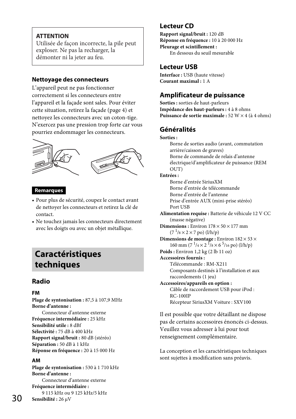 Caractéristiques techniques, Radio, Lecteur cd | Lecteur usb, Amplificateur de puissance, Généralités, Nettoyage des connecteurs | Sony CDX-GT570UP User Manual | Page 60 / 100